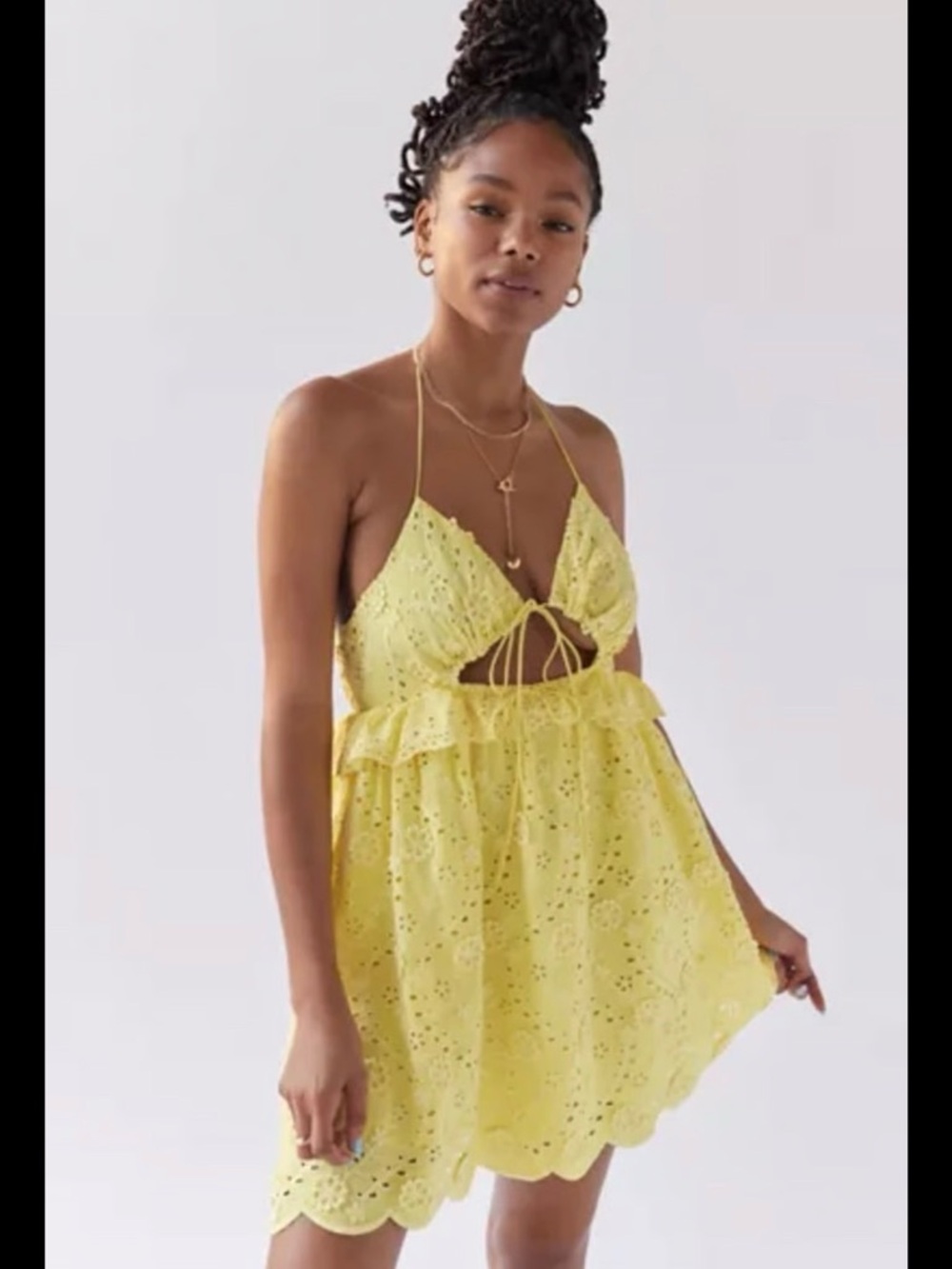 For Love & Lemons Natalia Yellow Eyelet Halter Mini Dress